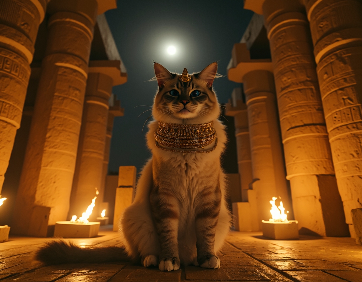 Cat dressed in luxurious golden regalia sits in an ancient Egyptian temple at night, surrounded by hieroglyphs and lit torches. The cat exudes the aura of a revered feline goddess, capturing the timeless majesty of ancient Egypt.